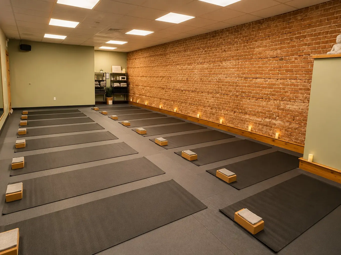 The practice room ready for class, mats in rows and candles along the brick wall